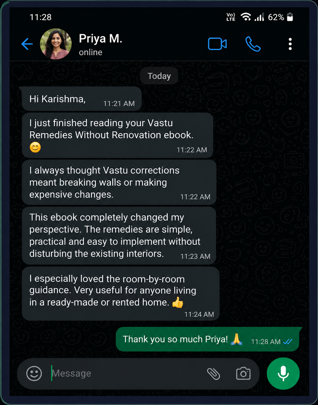 WhatsApp feedback from a reader of Vastu Remedies Without Renovation (3 of 3)