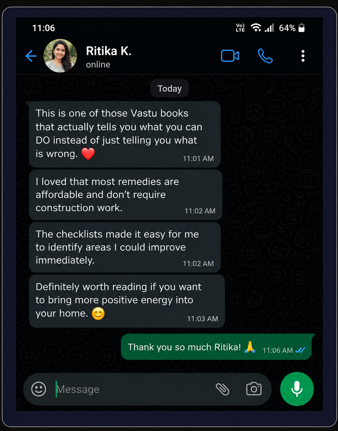 WhatsApp feedback from a reader of Vastu Remedies Without Renovation (1 of 3)