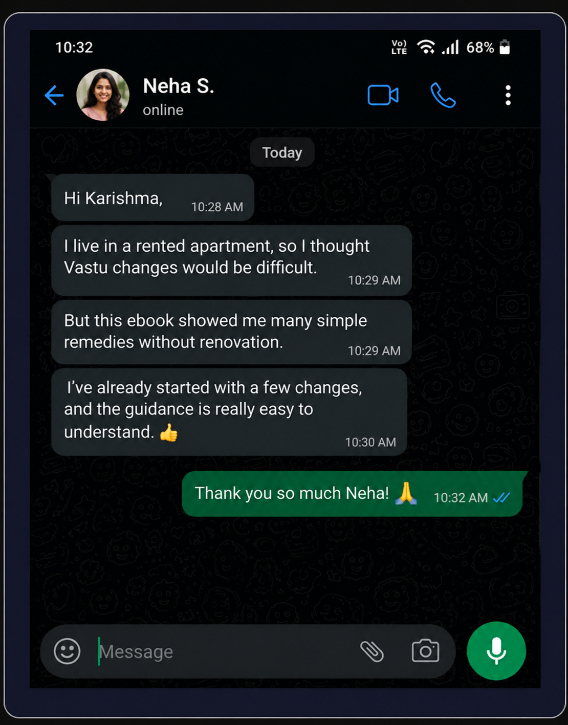WhatsApp feedback from a reader of Vastu Remedies Without Renovation (2 of 3)
